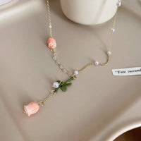 Thumbnail for Dainty 24K Gold Filled Pink Tulip Crystal Pearl Chain Necklace Earrings Set - ArtGalleryZen