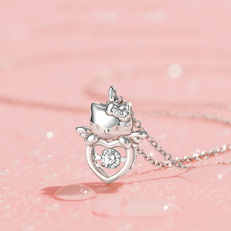 Dainty Crystal Beating Heart Angel Kitty Necklace - ArtGalleryZen