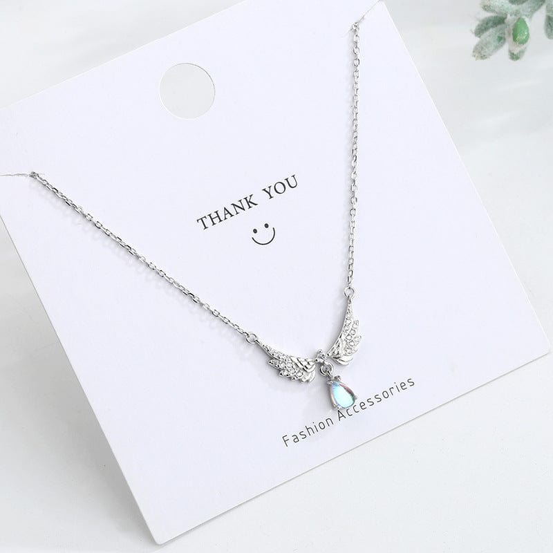 Dainty CZ Inalid Crystal Waterdrop Angel Wings Necklace - ArtGalleryZen