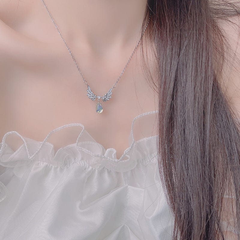Dainty CZ Inalid Crystal Waterdrop Angel Wings Necklace - ArtGalleryZen