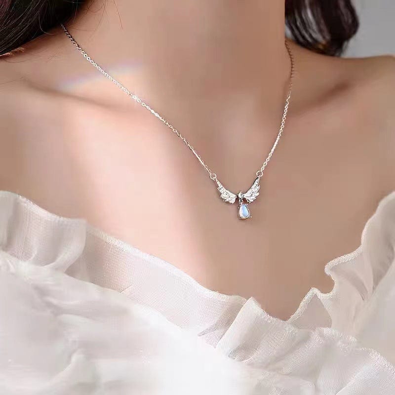 Dainty CZ Inalid Crystal Waterdrop Angel Wings Necklace - ArtGalleryZen