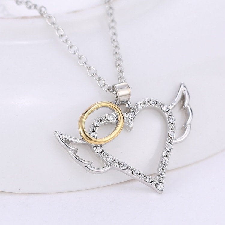 Dainty CZ Inlaid Angel Wing Heart Pendant Necklace - ArtGalleryZen