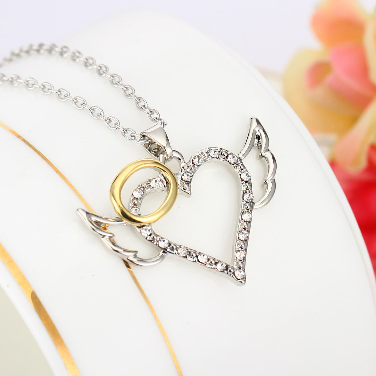 Dainty CZ Inlaid Angel Wing Heart Pendant Necklace - ArtGalleryZen