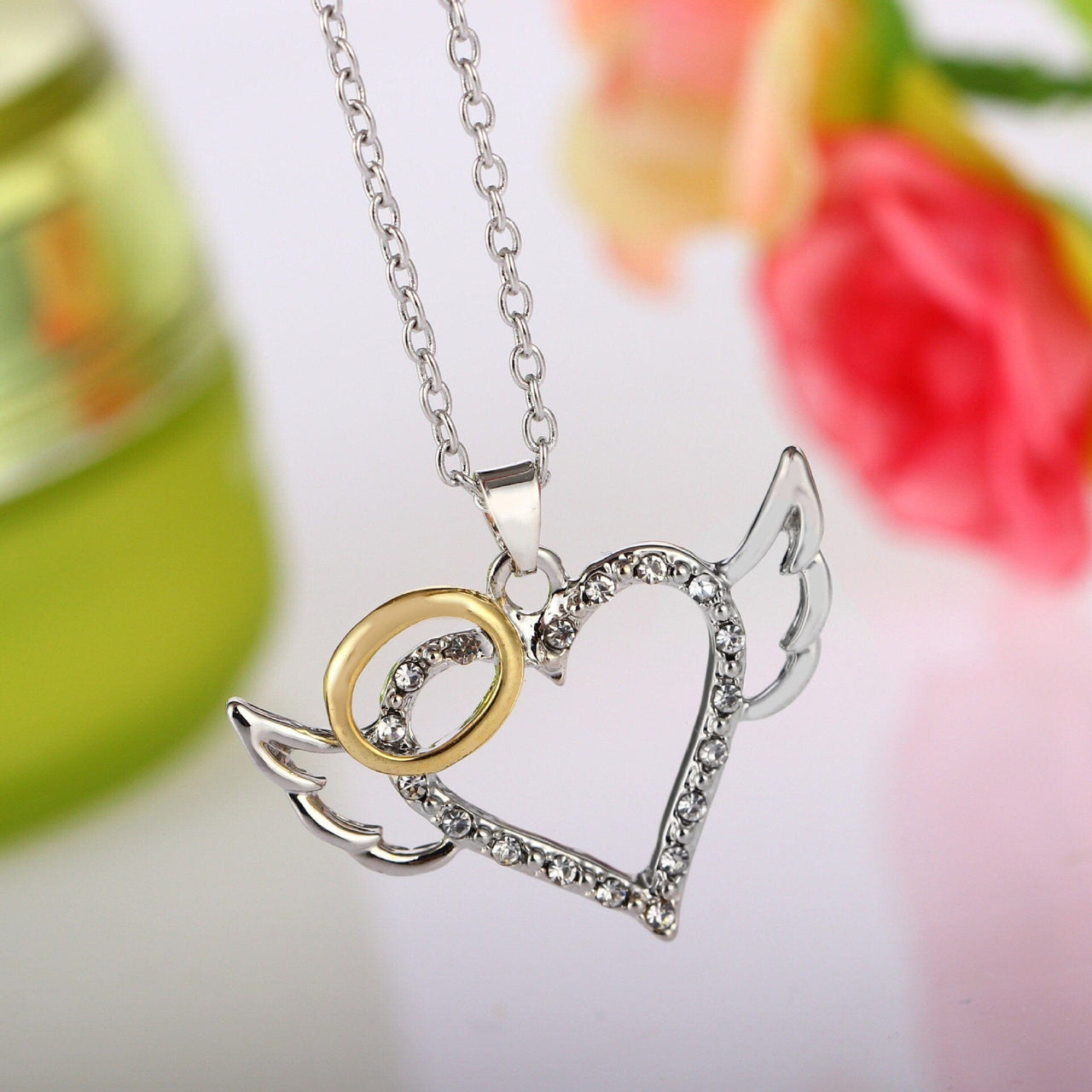 Dainty CZ Inlaid Angel Wing Heart Pendant Necklace - ArtGalleryZen