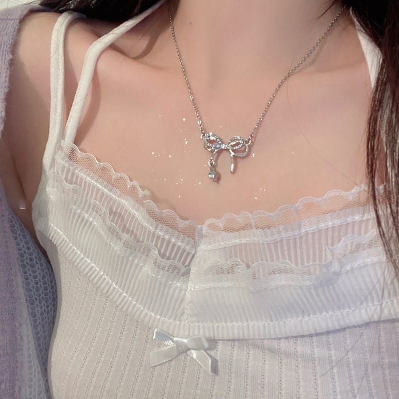 Dainty CZ Inlaid Bowknot Charm Necklace - ArtGalleryZen