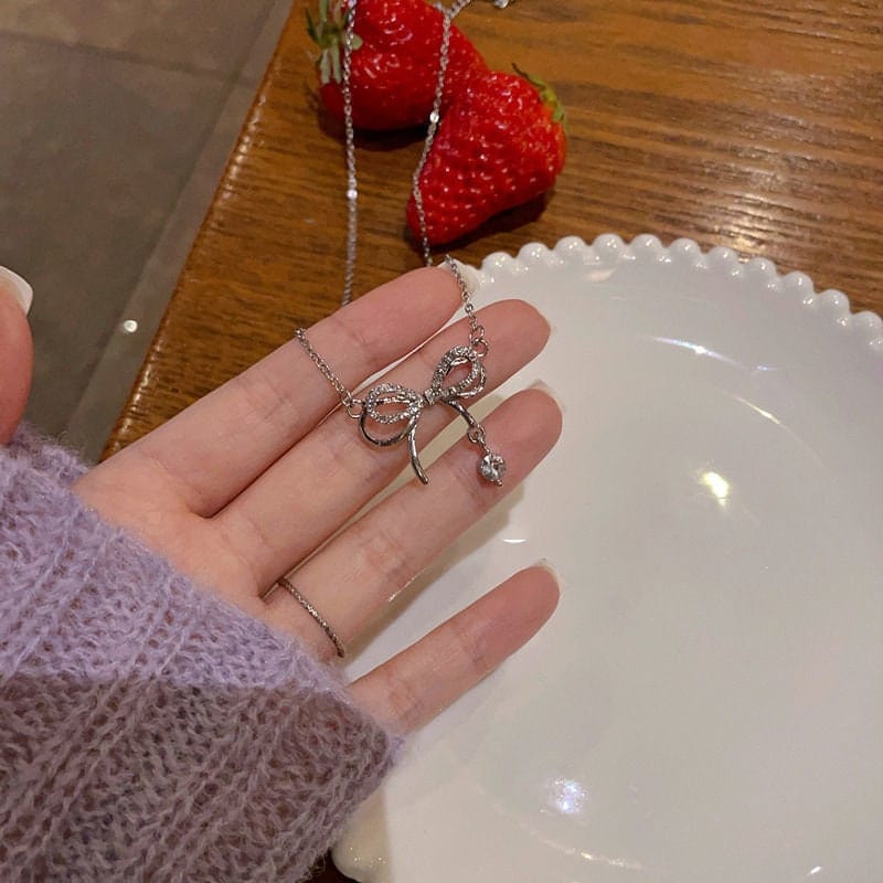Dainty CZ Inlaid Bowknot Charm Necklace - ArtGalleryZen