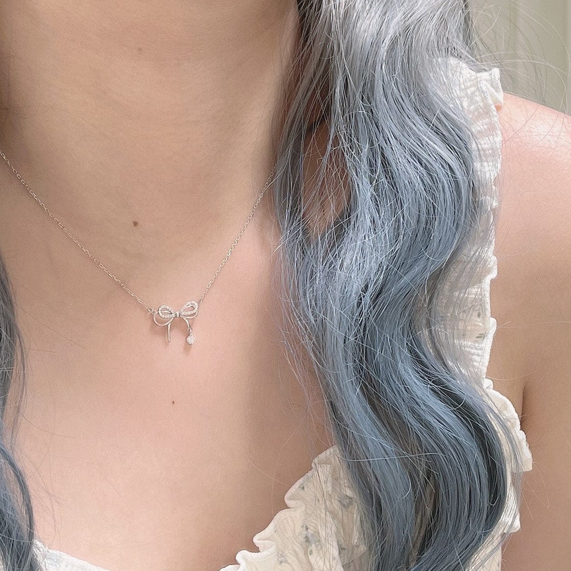 Dainty CZ Inlaid Bowknot Charm Necklace - ArtGalleryZen