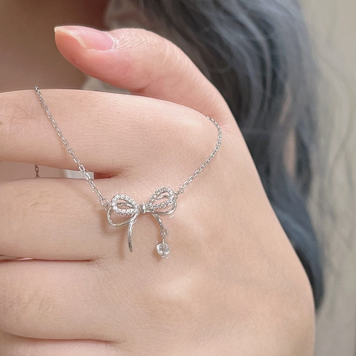 Dainty CZ Inlaid Bowknot Charm Necklace - ArtGalleryZen