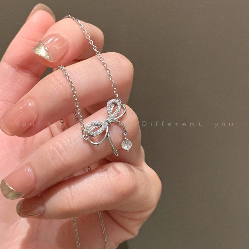 Dainty CZ Inlaid Bowknot Charm Necklace - ArtGalleryZen