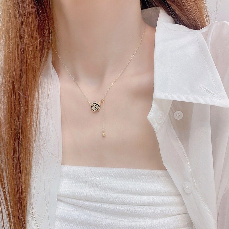 Dainty CZ Inlaid Camellia Cable Chain Necklace - ArtGalleryZen