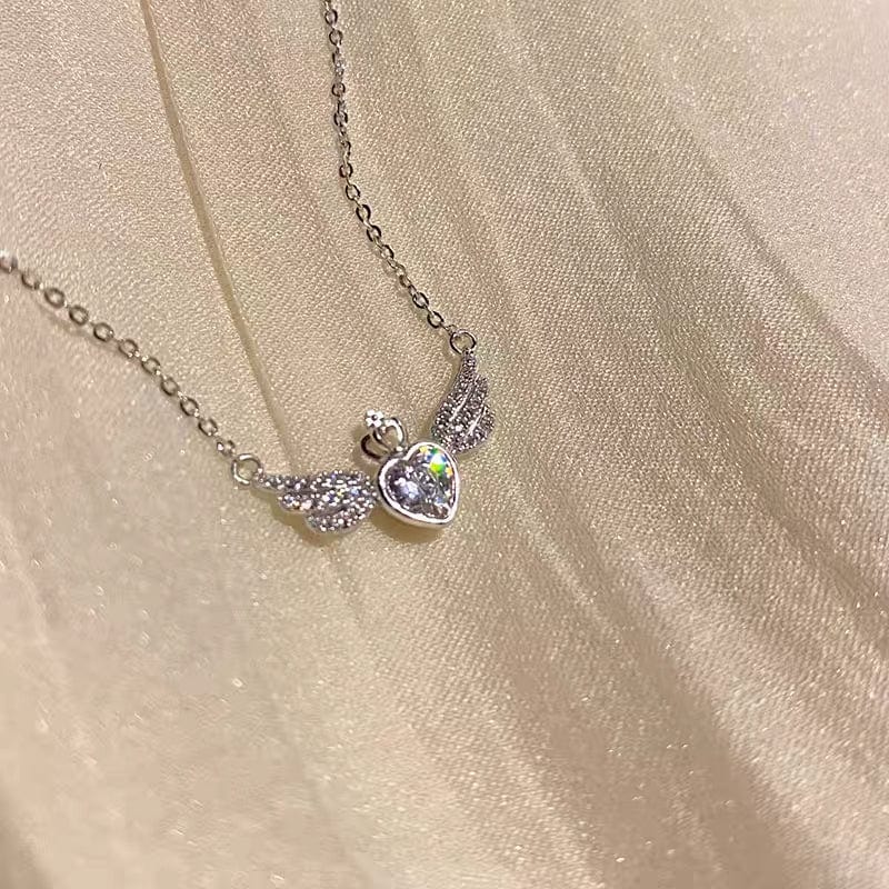 Dainty CZ Inlaid Crown Heart Angel Wings Necklace - ArtGalleryZen