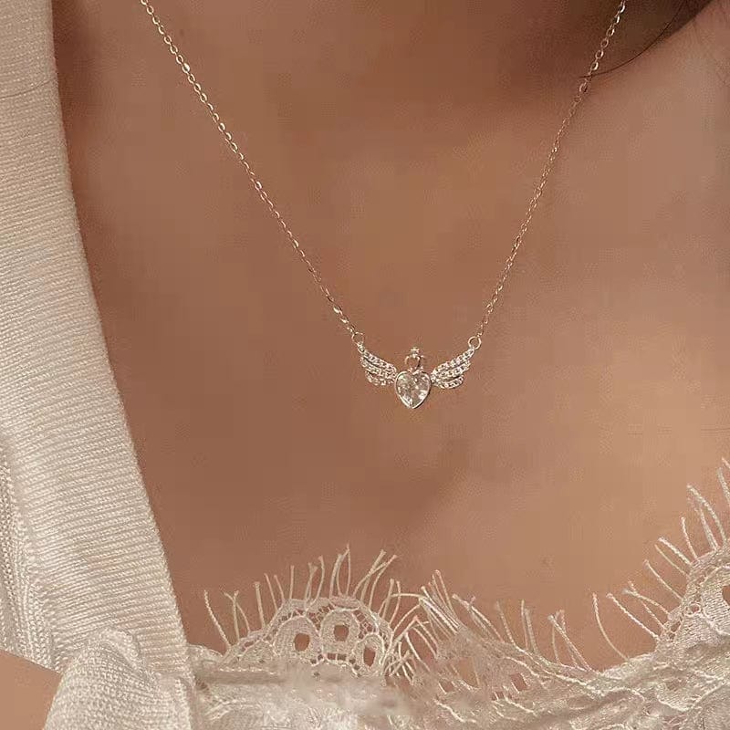 Dainty CZ Inlaid Crown Heart Angel Wings Necklace - ArtGalleryZen