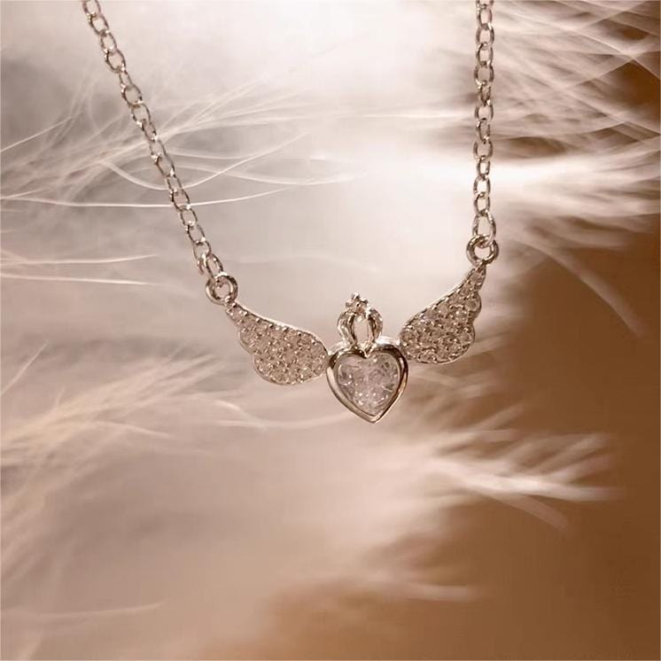 Dainty CZ Inlaid Crown Heart Angel Wings Necklace - ArtGalleryZen