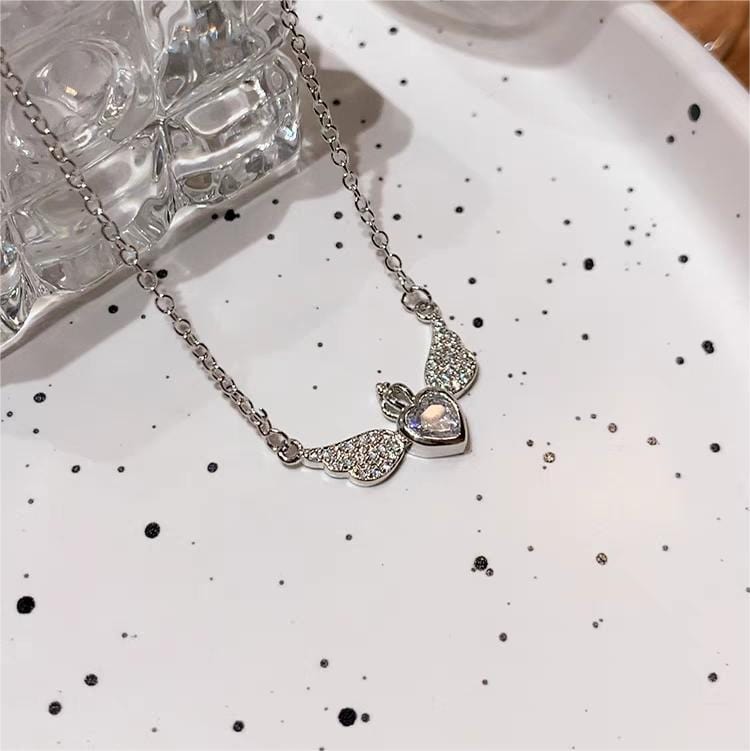Dainty CZ Inlaid Crown Heart Angel Wings Necklace - ArtGalleryZen