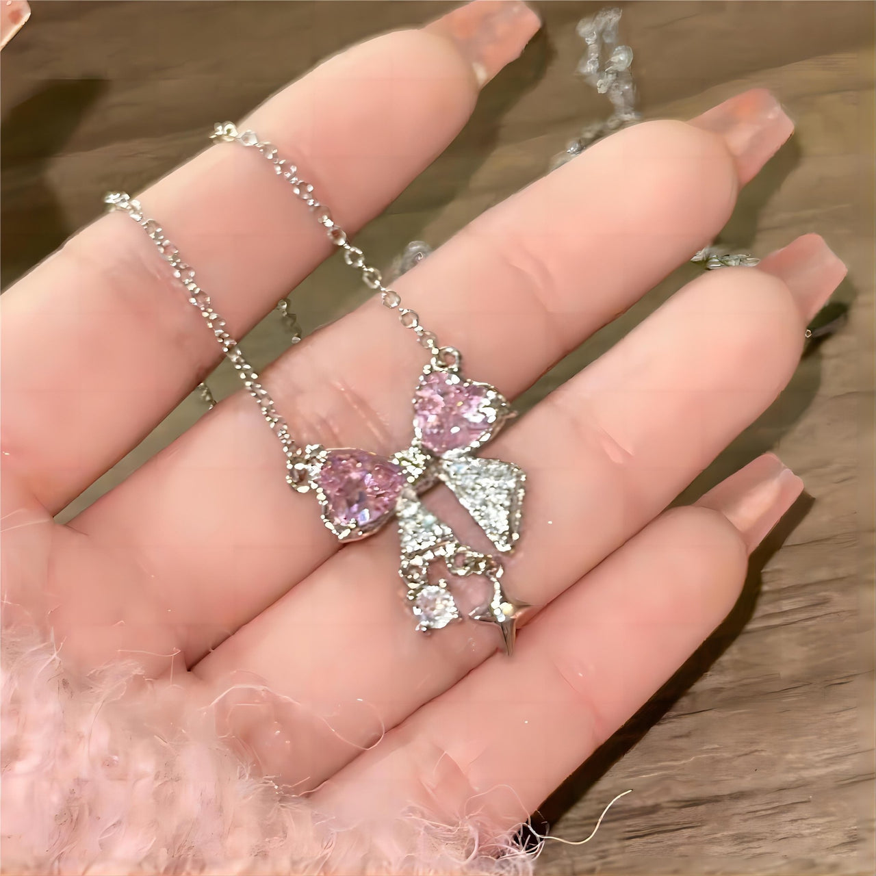 Dainty CZ Inlaid Crystal Bowknot Star Necklace - ArtGalleryZen