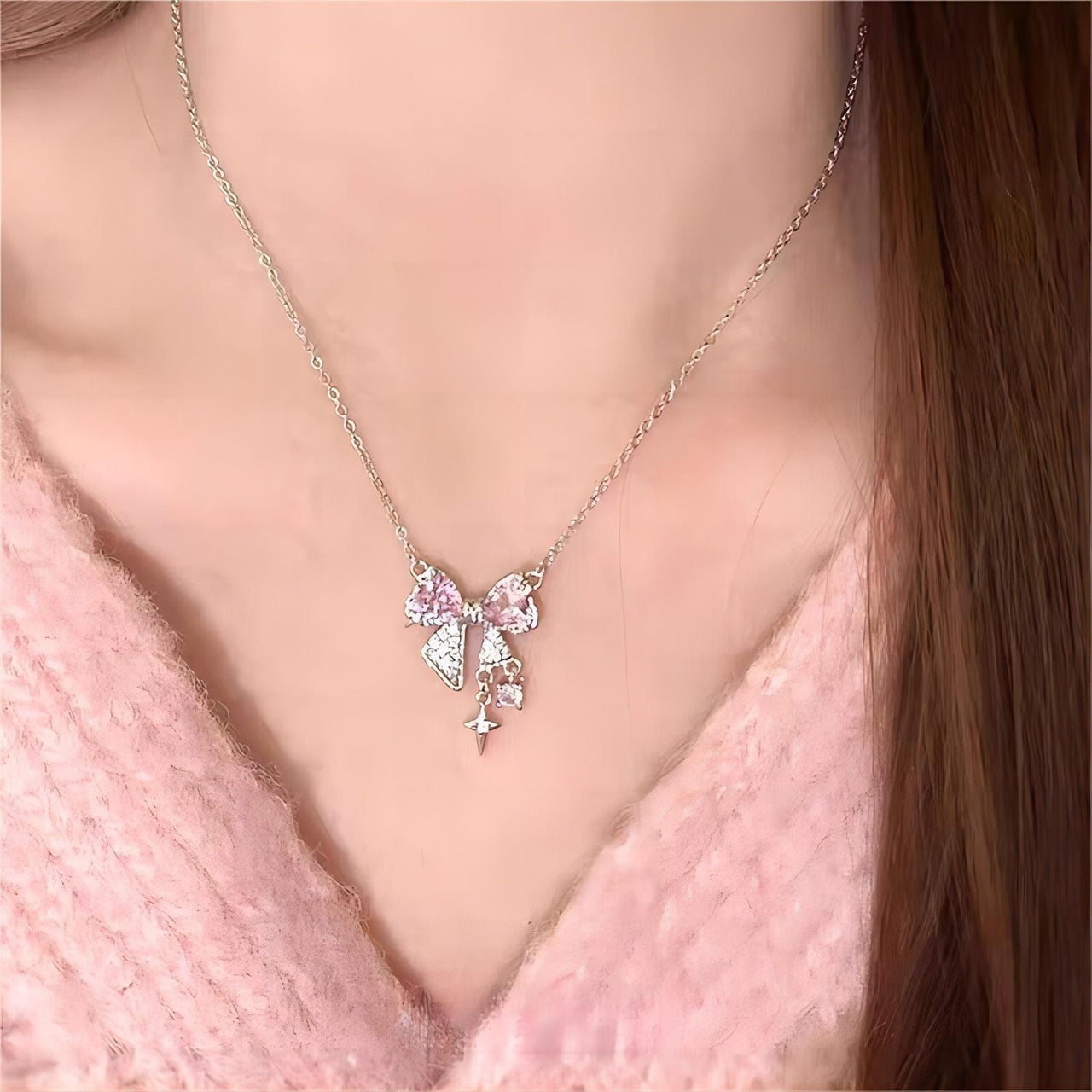 Dainty CZ Inlaid Crystal Bowknot Star Necklace - ArtGalleryZen