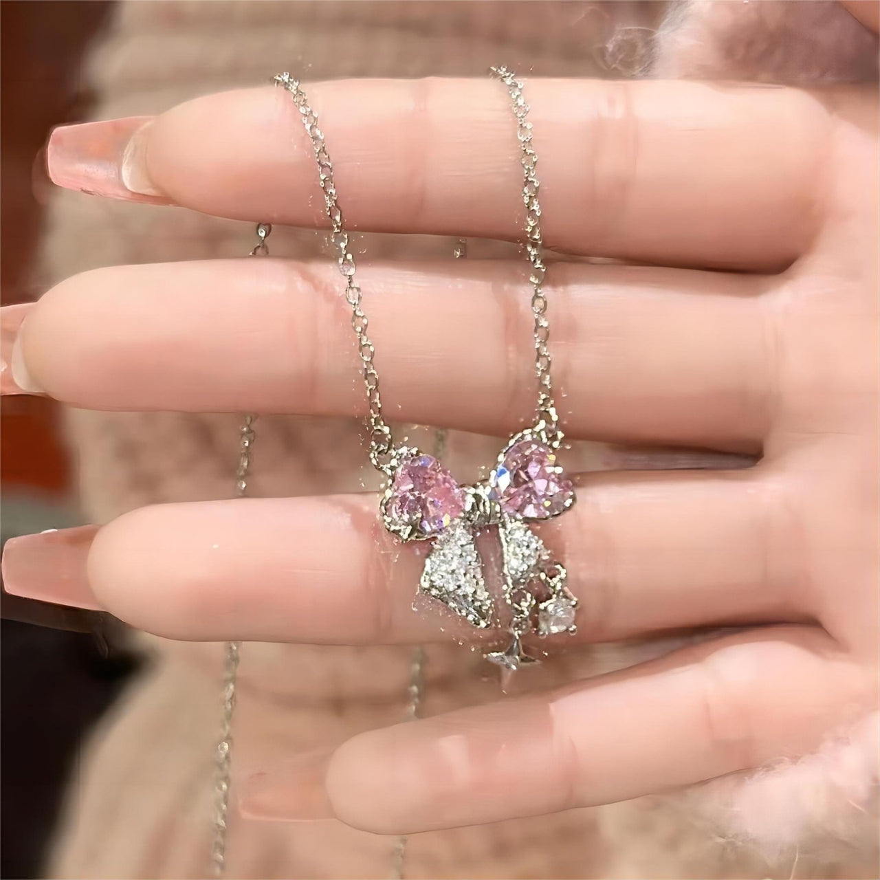 Dainty CZ Inlaid Crystal Bowknot Star Necklace - ArtGalleryZen