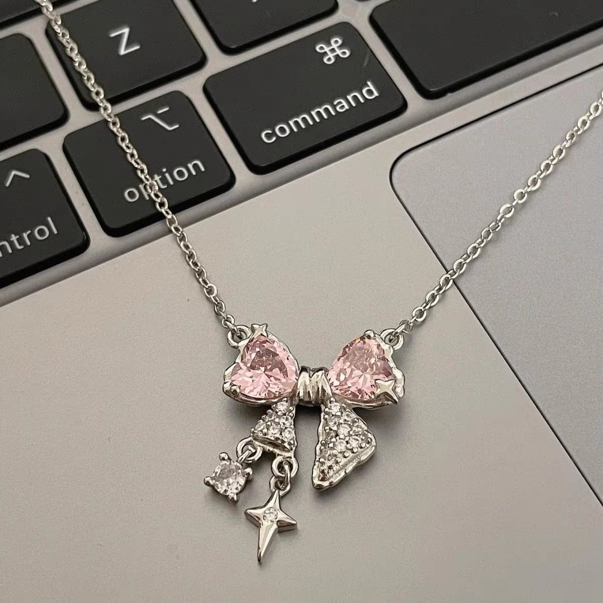 Dainty CZ Inlaid Crystal Bowknot Star Necklace - ArtGalleryZen