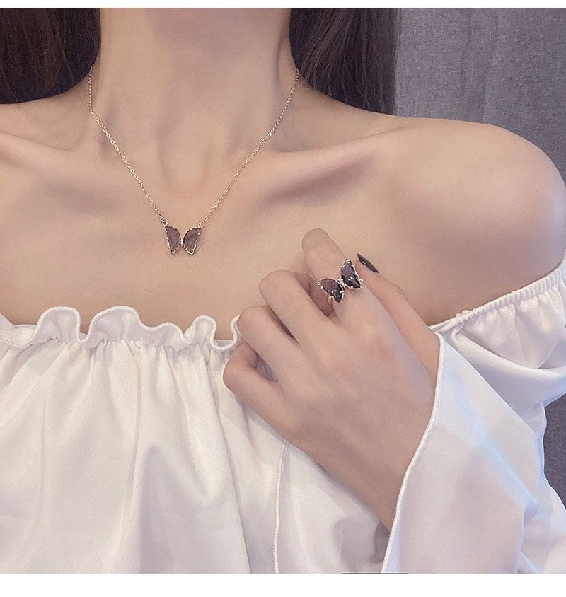 Dainty CZ Inlaid Crystal Butterfly Necklace Earrings Ring Set - ArtGalleryZen