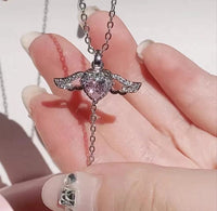 Thumbnail for Dainty CZ Inlaid Pink Crystal Cupid Heart Wings Necklace - ArtGalleryZen