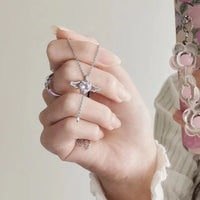 Thumbnail for Dainty CZ Inlaid Pink Crystal Cupid Heart Wings Necklace - ArtGalleryZen