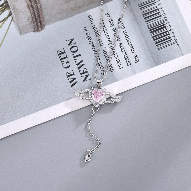 Dainty CZ Inlaid Pink Crystal Cupid Heart Wings Necklace - ArtGalleryZen