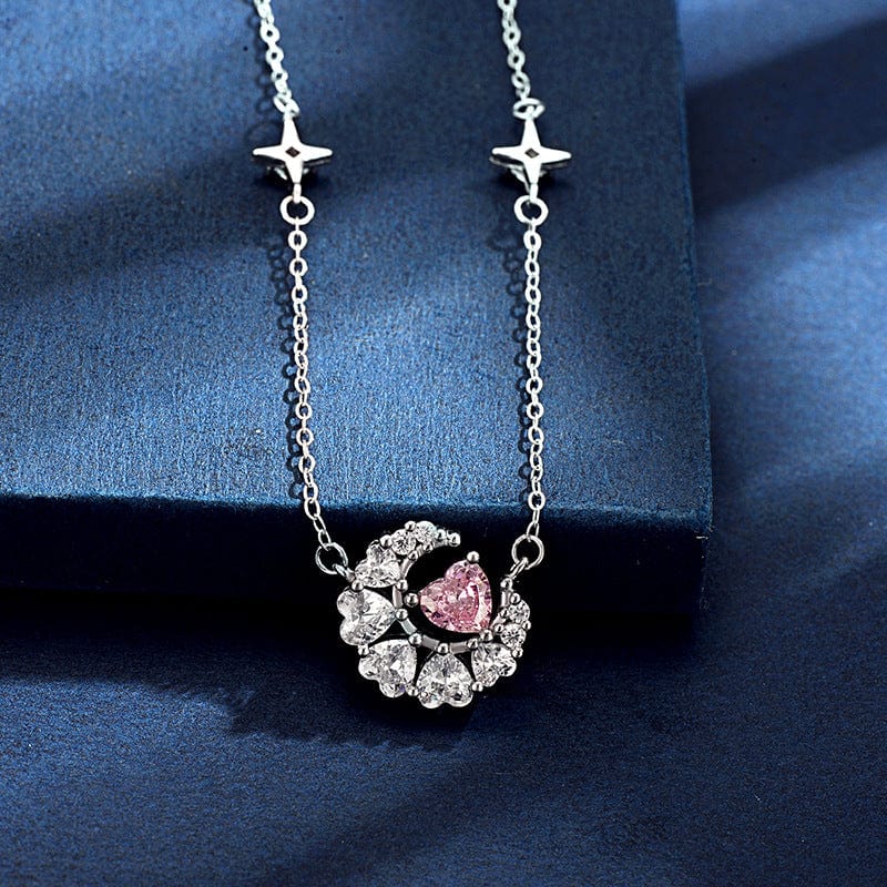 Dainty CZ Inlaid Crystal Heart Moon Phase Necklace - ArtGalleryZen