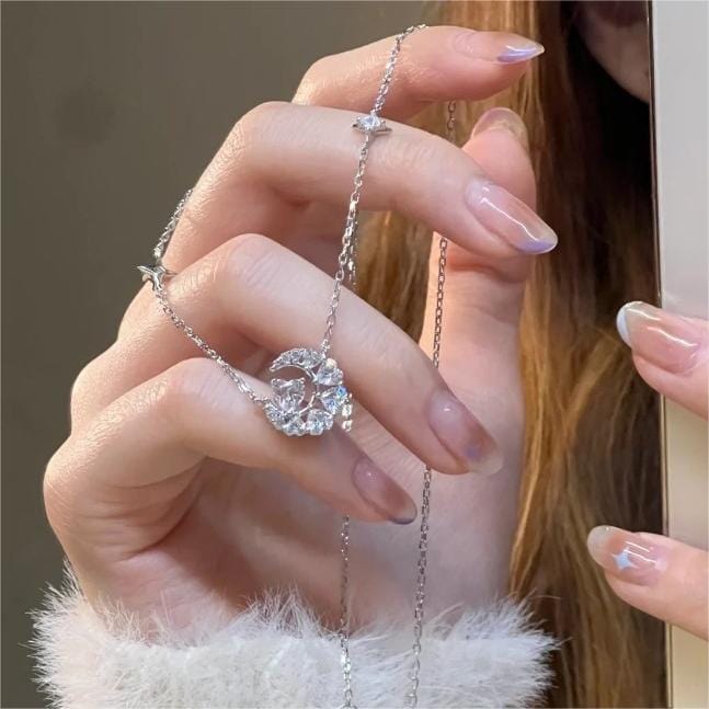 Dainty CZ Inlaid Crystal Heart Moon Phase Necklace - ArtGalleryZen