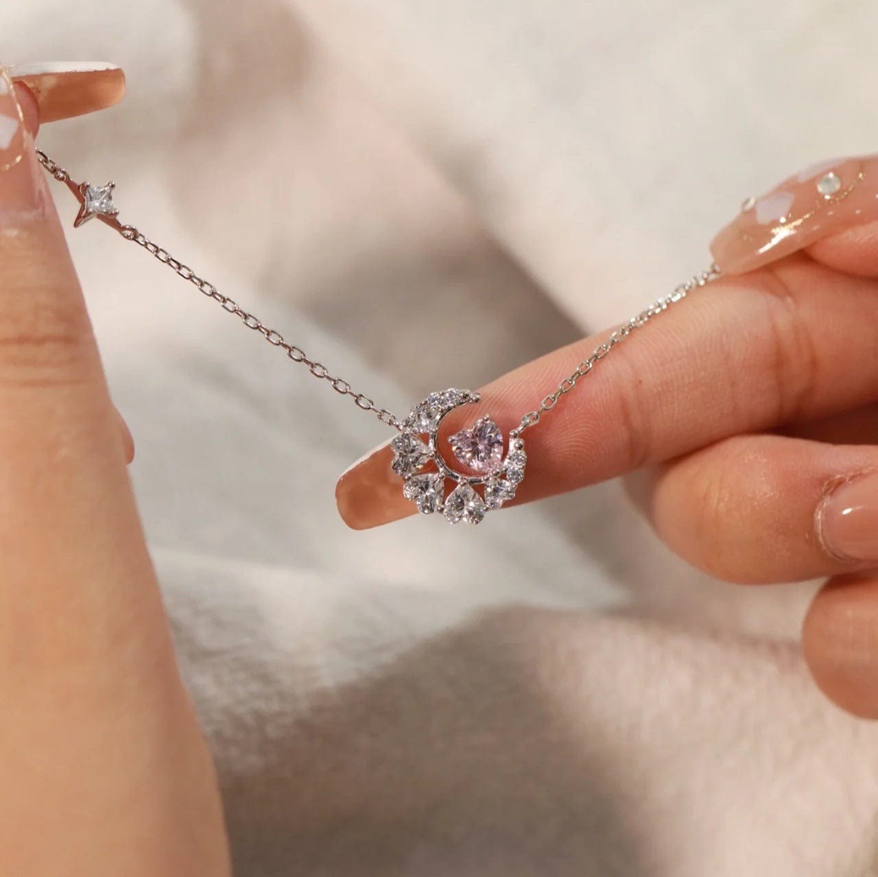 Dainty CZ Inlaid Crystal Heart Moon Phase Necklace - ArtGalleryZen