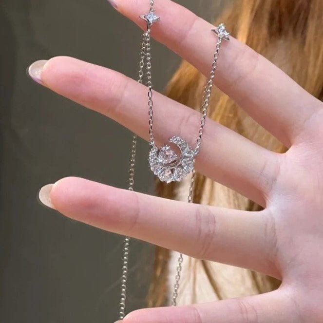 Dainty CZ Inlaid Crystal Heart Moon Phase Necklace - ArtGalleryZen