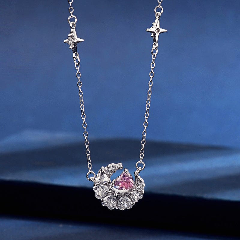 Dainty CZ Inlaid Crystal Heart Moon Phase Necklace - ArtGalleryZen