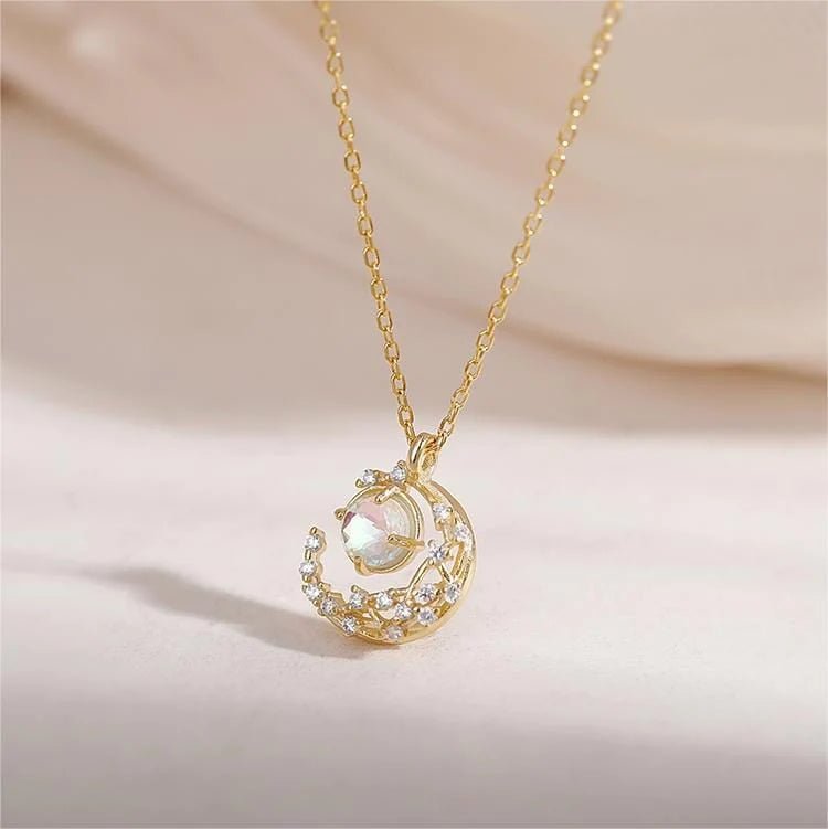 Dainty CZ Inlaid Crystal Moon Necklace - ArtGalleryZen