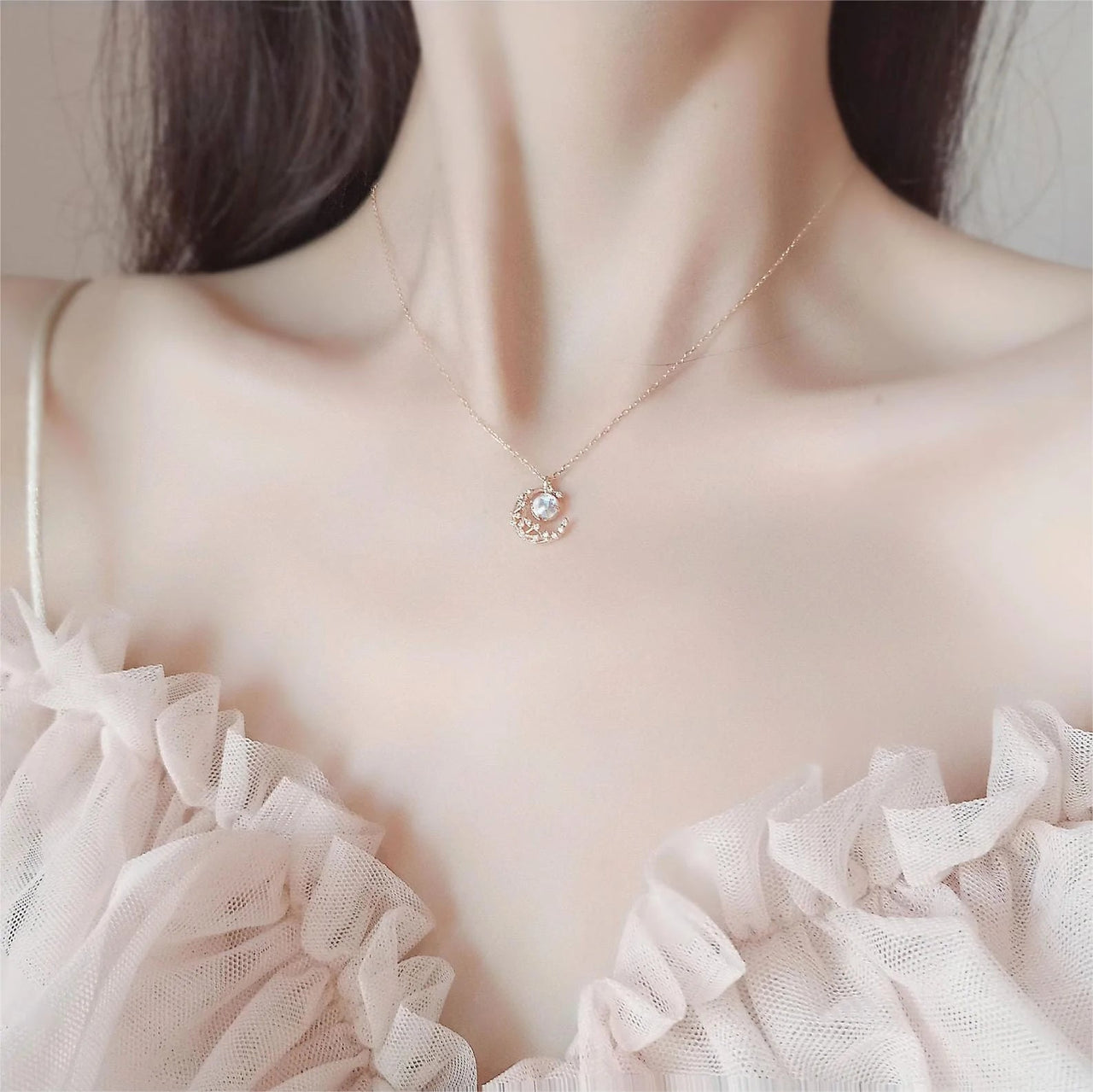 Dainty CZ Inlaid Crystal Moon Necklace - ArtGalleryZen