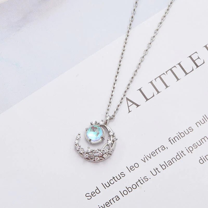 Dainty CZ Inlaid Crystal Moon Necklace - ArtGalleryZen