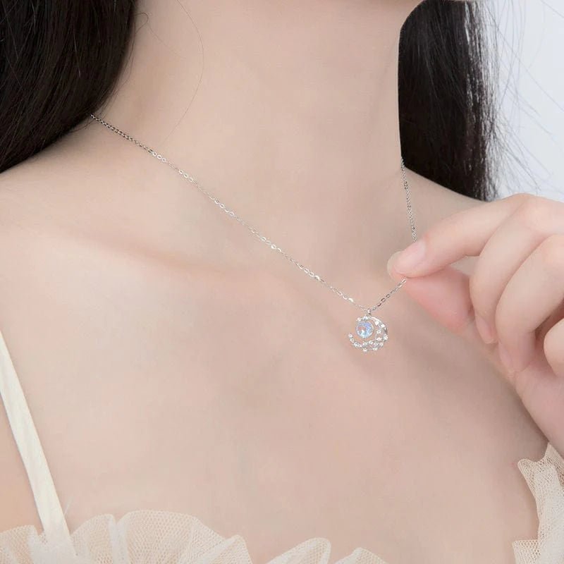 Dainty CZ Inlaid Crystal Moon Necklace - ArtGalleryZen
