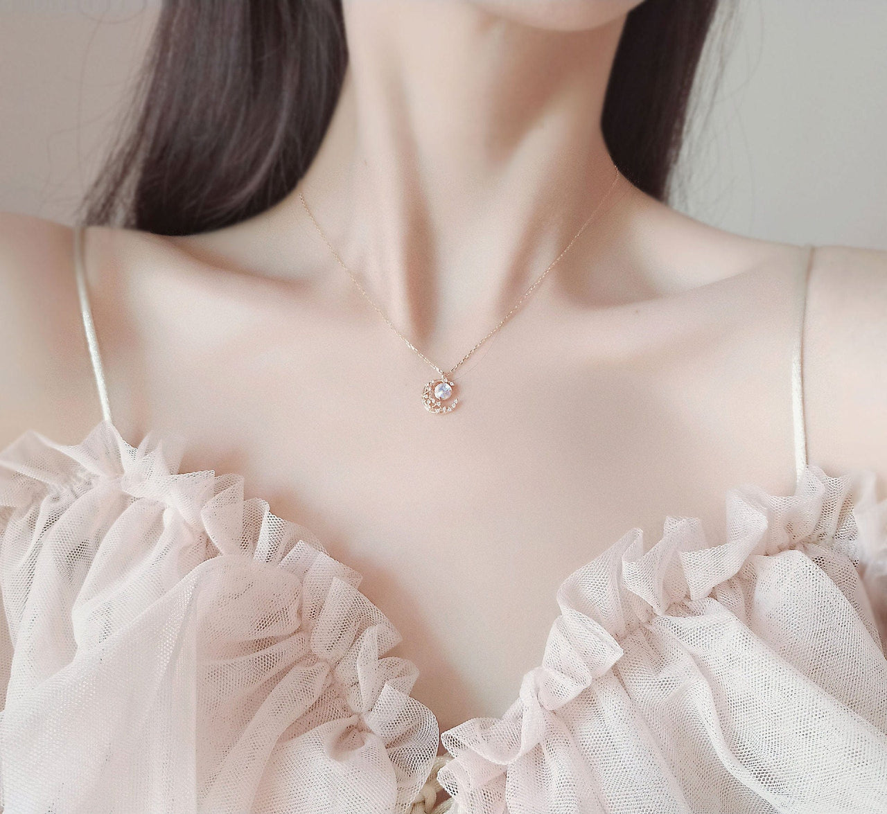 Dainty CZ Inlaid Crystal Moon Necklace - ArtGalleryZen