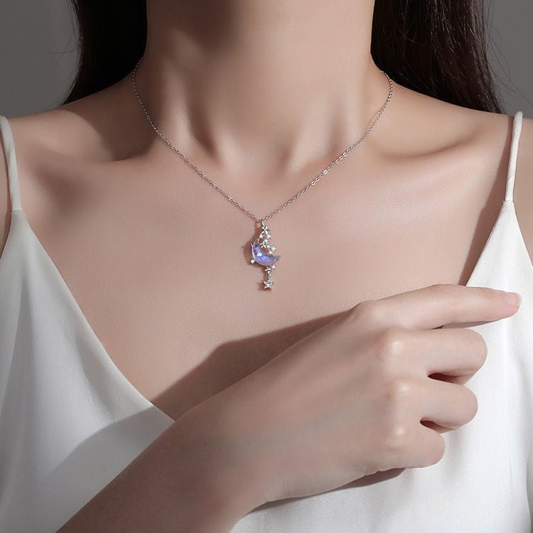 Dainty CZ Inlaid Crystal Star Moon Phase Necklace - ArtGalleryZen