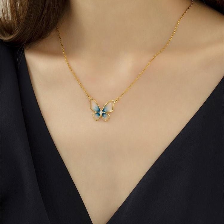 Dainty CZ Inlaid Enamel Butterfly Necklace Bracelet Set - ArtGalleryZen