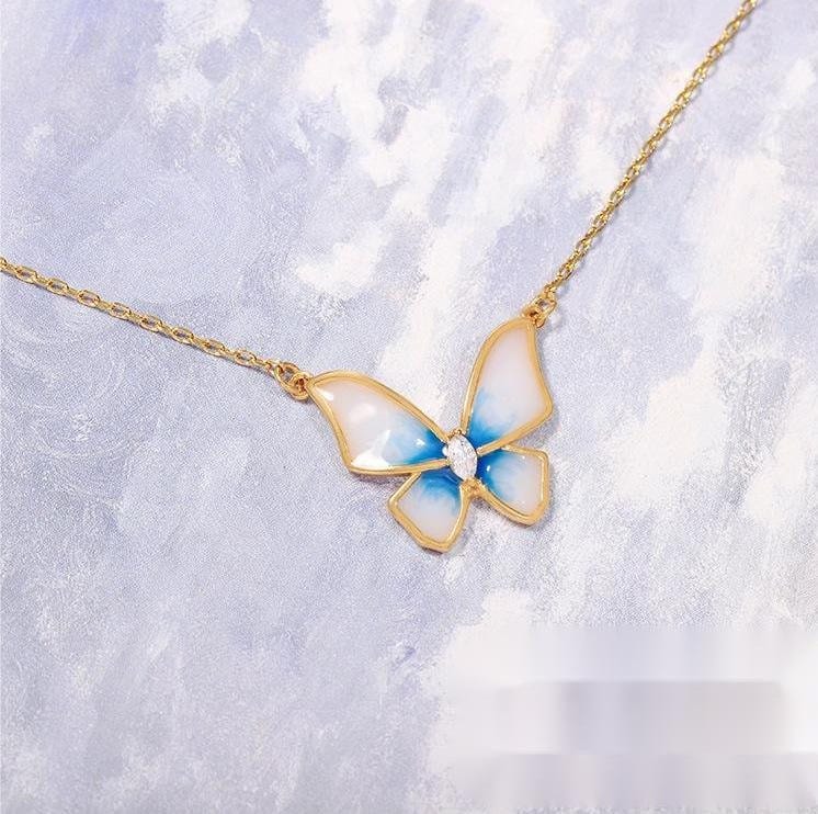 Dainty CZ Inlaid Enamel Butterfly Necklace Bracelet Set - ArtGalleryZen