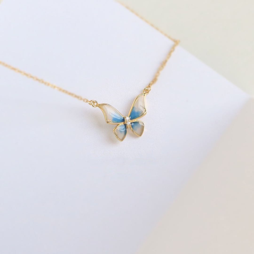 Dainty CZ Inlaid Enamel Butterfly Necklace Bracelet Set - ArtGalleryZen