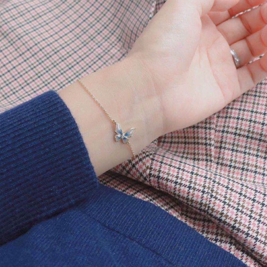 Dainty CZ Inlaid Enamel Butterfly Necklace Bracelet Set - ArtGalleryZen