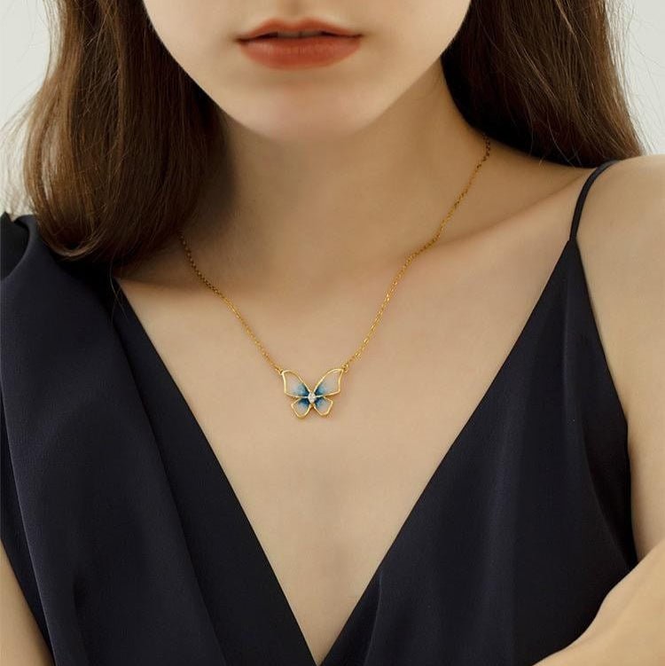 Dainty CZ Inlaid Enamel Butterfly Necklace Bracelet Set - ArtGalleryZen