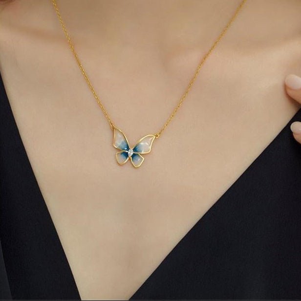 Dainty CZ Inlaid Enamel Butterfly Necklace Bracelet Set - ArtGalleryZen