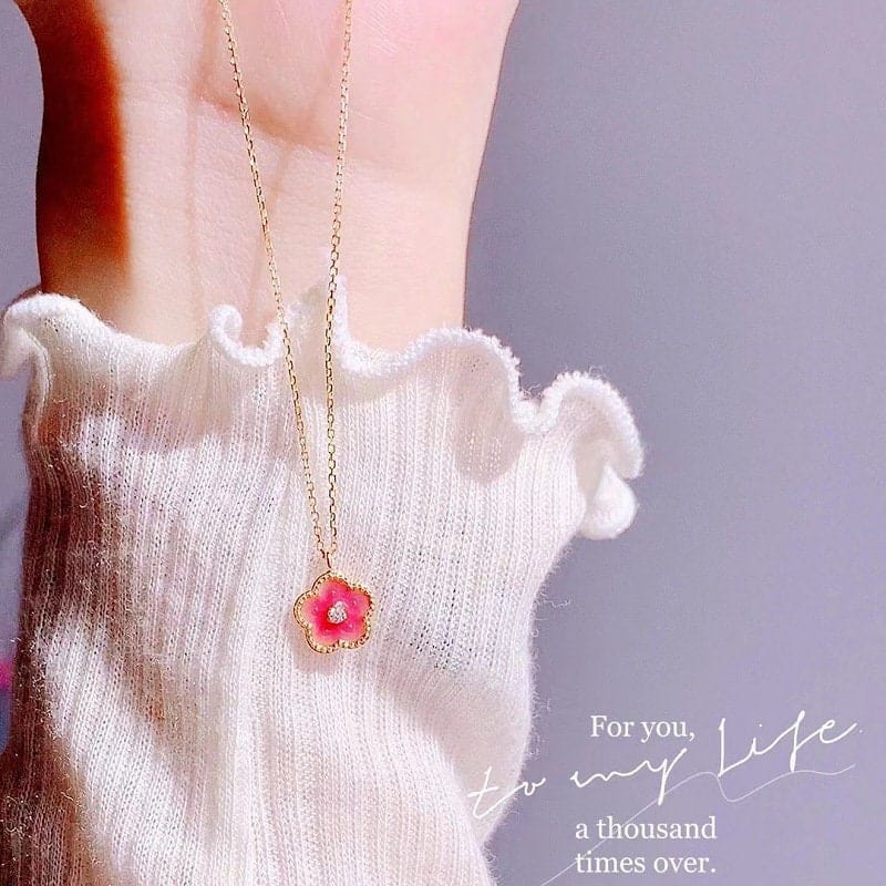 Dainty CZ Inlaid Enamel Pink Cherry Blossom Pendant Necklace - ArtGalleryZen