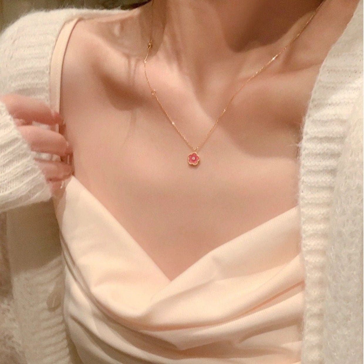 Dainty CZ Inlaid Enamel Pink Cherry Blossom Pendant Necklace - ArtGalleryZen