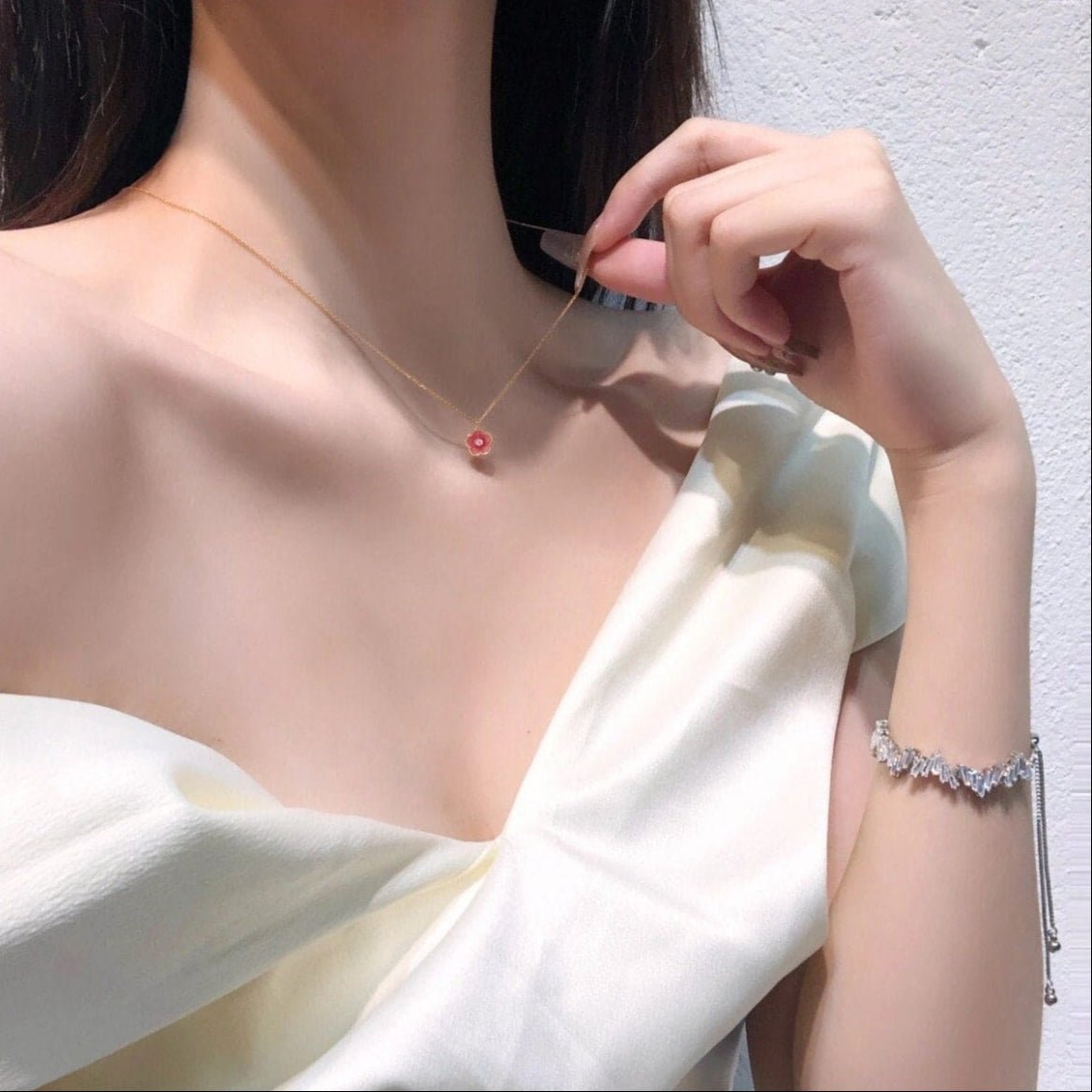 Dainty CZ Inlaid Enamel Pink Cherry Blossom Pendant Necklace - ArtGalleryZen