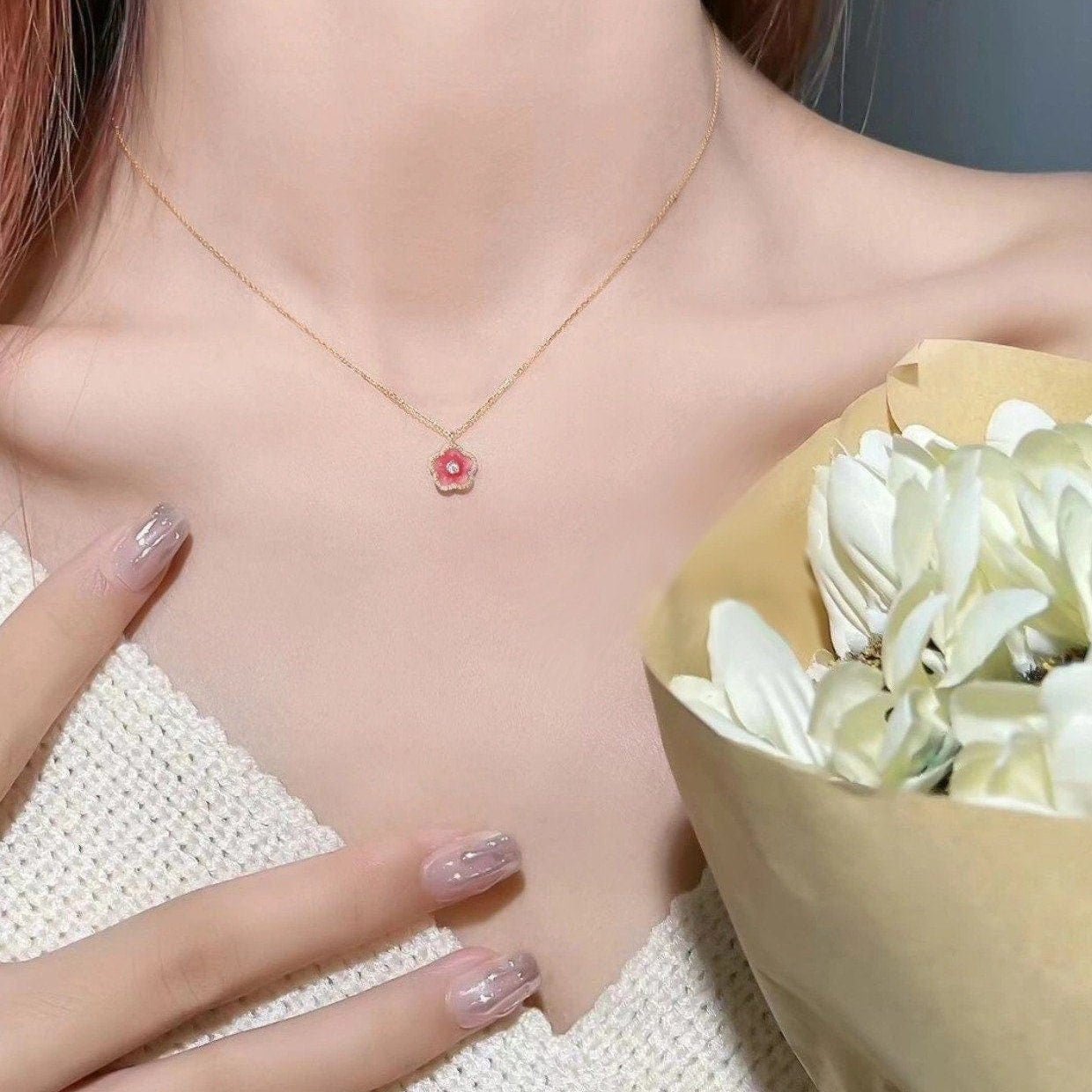 Dainty CZ Inlaid Enamel Pink Cherry Blossom Pendant Necklace - ArtGalleryZen