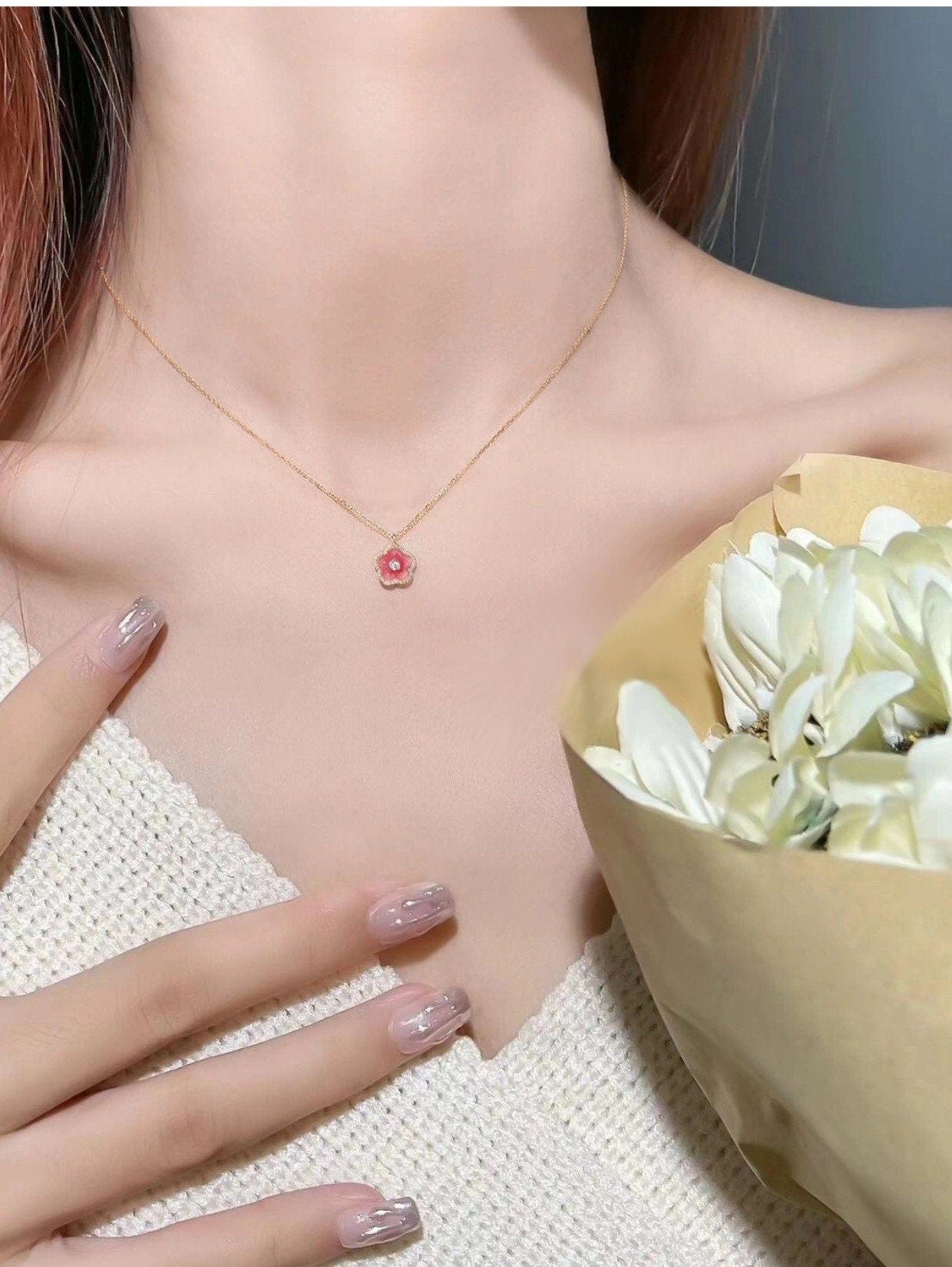 Dainty CZ Inlaid Enamel Pink Cherry Blossom Pendant Necklace