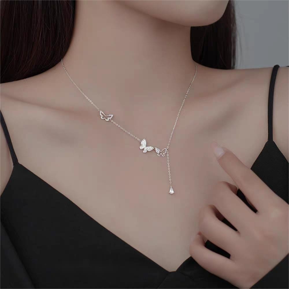 Dainty CZ Inlaid Hollowed-out Trio Butterfly Necklace - ArtGalleryZen