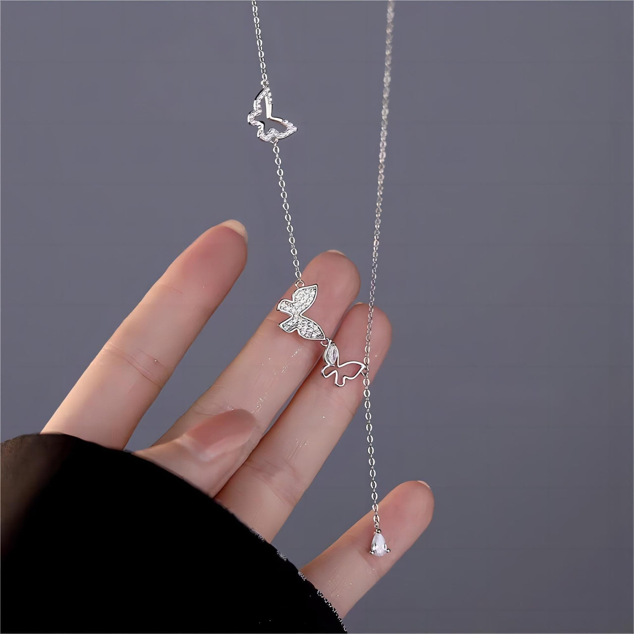 Dainty CZ Inlaid Hollowed-out Trio Butterfly Necklace - ArtGalleryZen